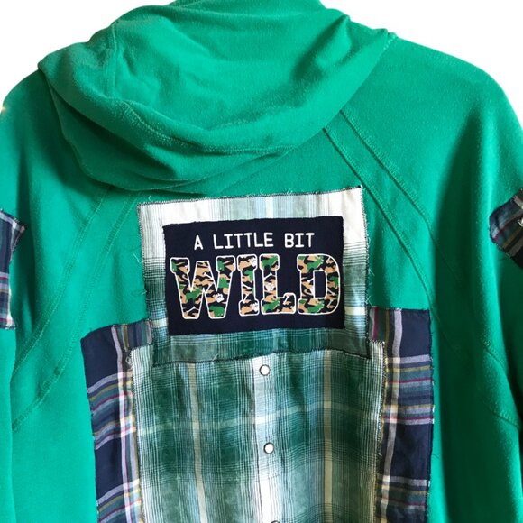Upcycled Patchwork Hoodie, XL-1X: Grungy Zip-Up Hooded Jacket, A Little Bit Wild - Picture 4 of 11